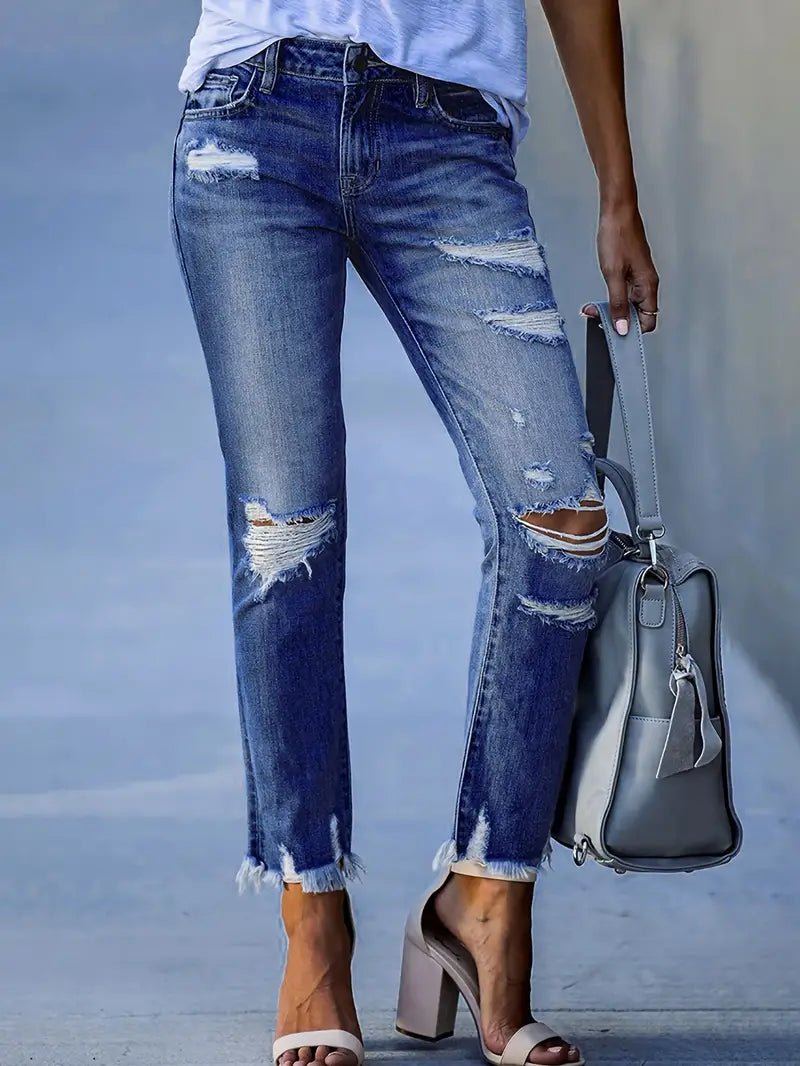 High Waist Distressed Ripped Knee Skinny Jeans for Women - Dakdouksson