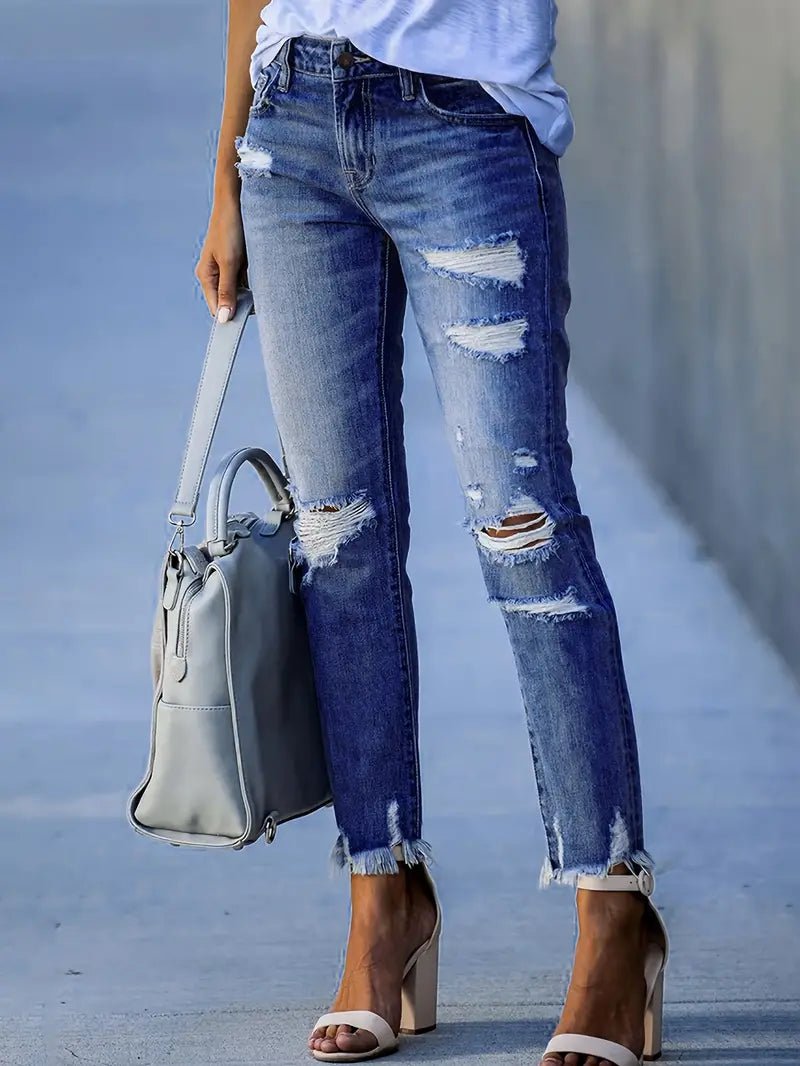 High Waist Distressed Ripped Knee Skinny Jeans for Women - Dakdouksson