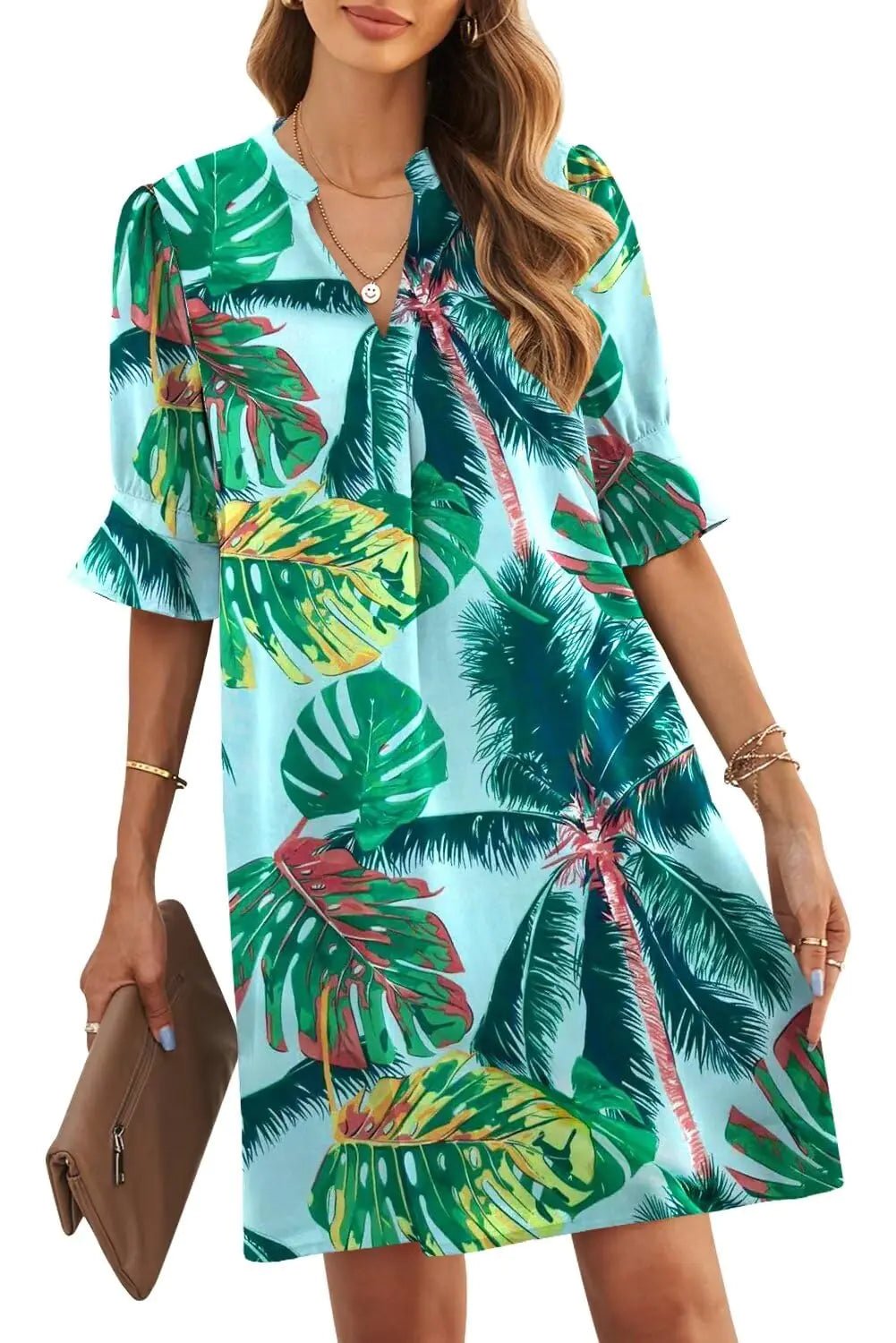 JOCAFIYE Womens Casual Dresses Short Sleeve V - Neck Dress Summer Ruffled Sleeve Shift Dress Green Leaf M - Dakdouksson