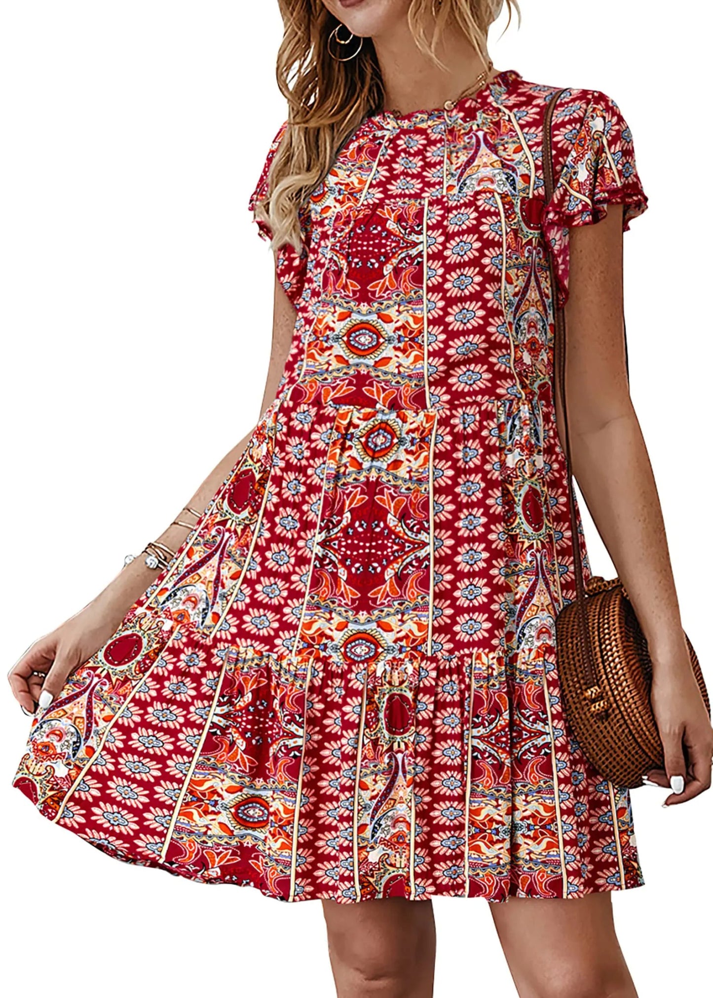KIRUNDO Womens 2024 Boho Summer Mini Dress Ruffle Cap Sleeve Floral Print Crew Neck Casual Loose Pleated Flowy Short Dresses Boho - Wine Red Large - Dakdouksson