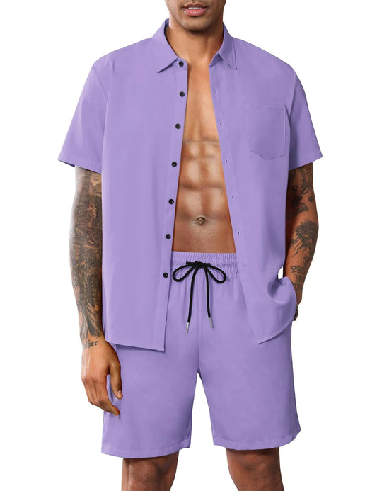 LecGee Men Classic 2 Piece Outfits Casual Short Sleeve Shirts Summer Shorts Button Down Set Rave Clothes(PurpleXL) - Dakdouksson
