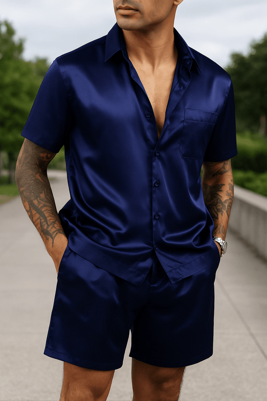 LecGee Mens 2 Piece Satin Tracksuit Short Sleeve Button Down Shirts Silk Party Club Pajama Set(BlueS) - Dakdouksson