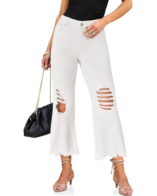 luvamia Wide Leg Jeans for Women Trendy High Waisted Flare Ripped Cropped Jeans Stretchy Distressed Denim Pants Raw Hem Ripped Wide Leg Jeans for Women Womens Pants Women Cream White Size 4 Size 6 - Dakdouksson