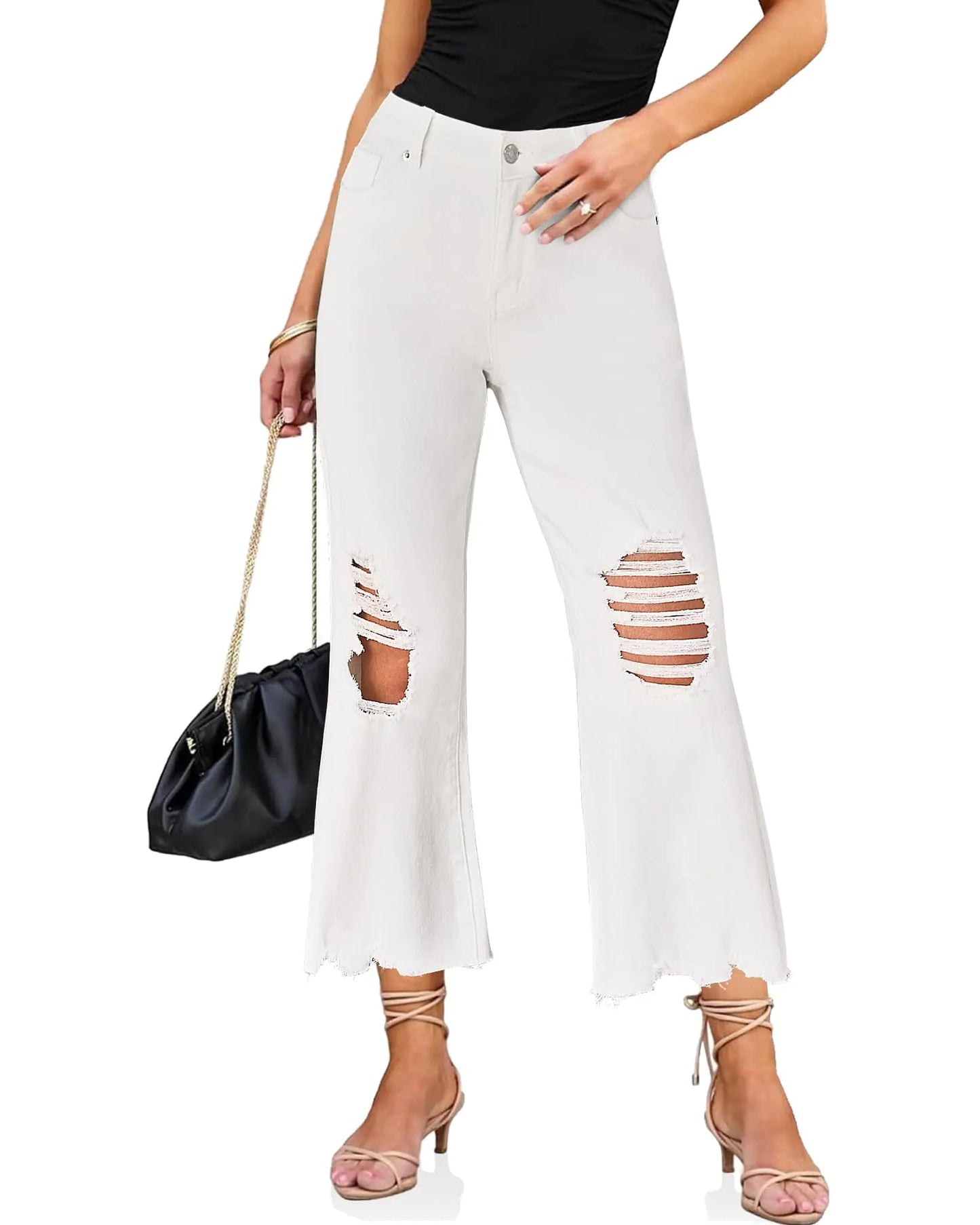 luvamia Wide Leg Jeans for Women Trendy High Waisted Flare Ripped Cropped Jeans Stretchy Distressed Denim Pants Raw Hem Ripped Wide Leg Jeans for Women Womens Pants Women Cream White Size 4 Size 6 - Dakdouksson