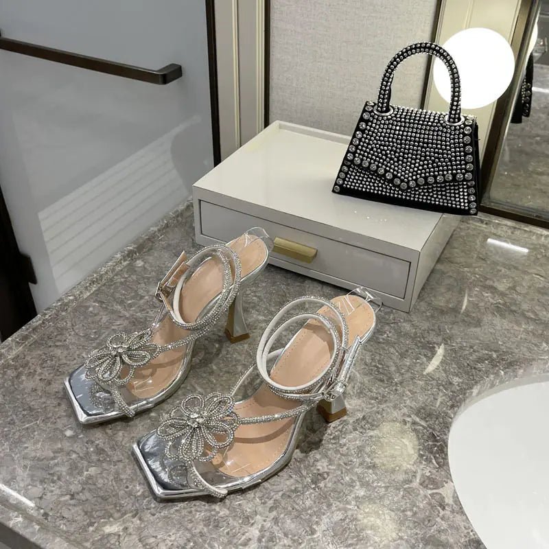 Luxury Rhinestone Floral Strap Chunky Heels Sandals - Dakdouksson