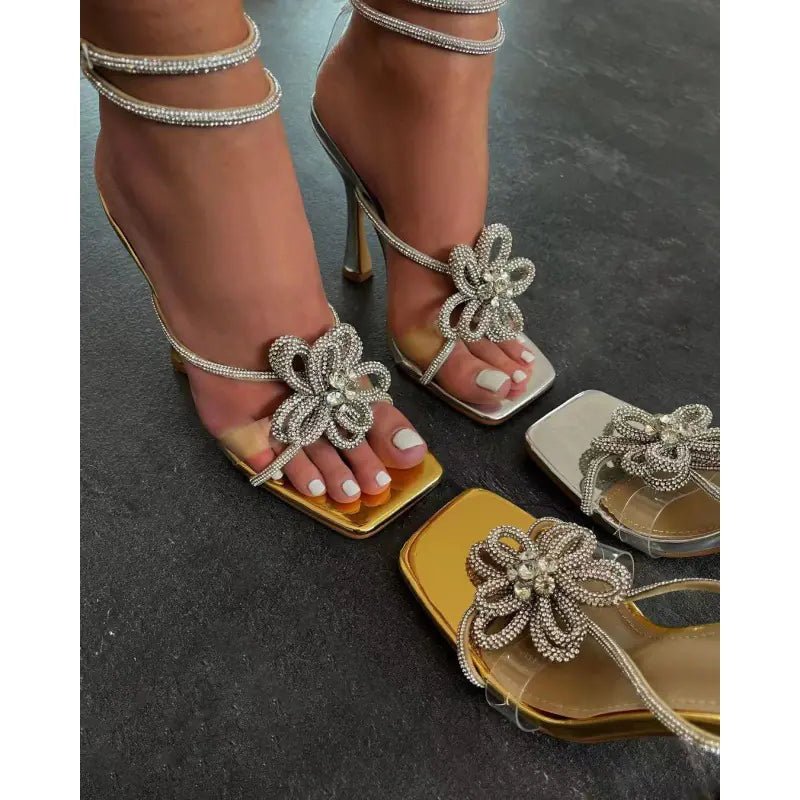 Luxury Rhinestone Floral Strap Chunky Heels Sandals - Dakdouksson