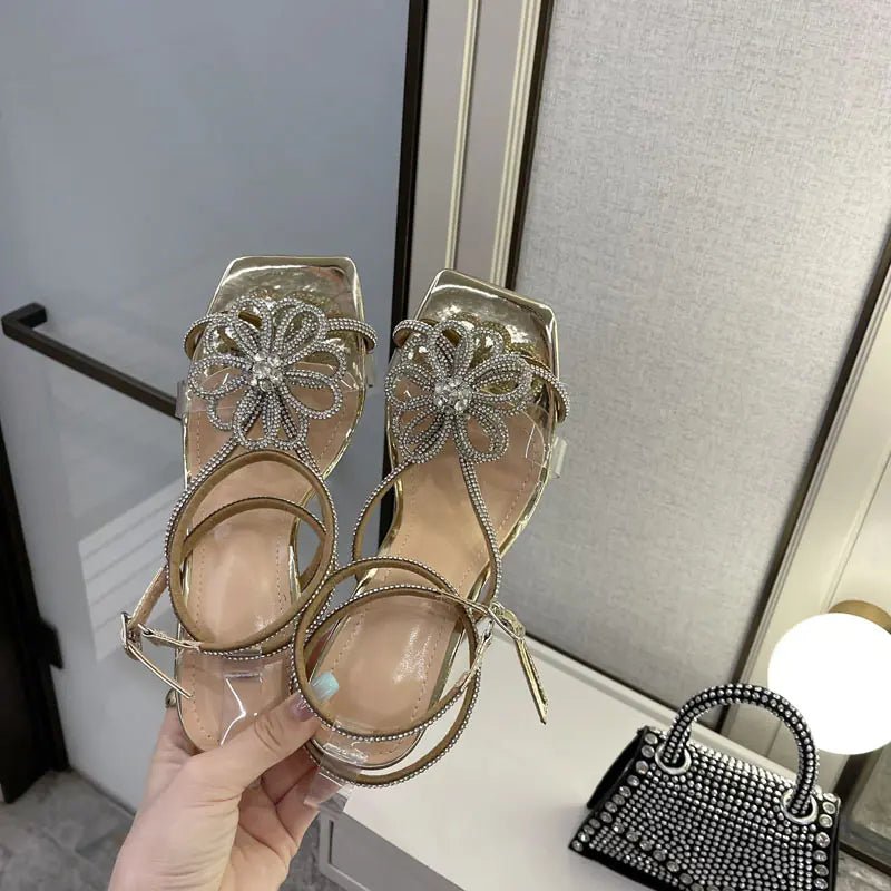 Luxury Rhinestone Floral Strap Chunky Heels Sandals - Dakdouksson