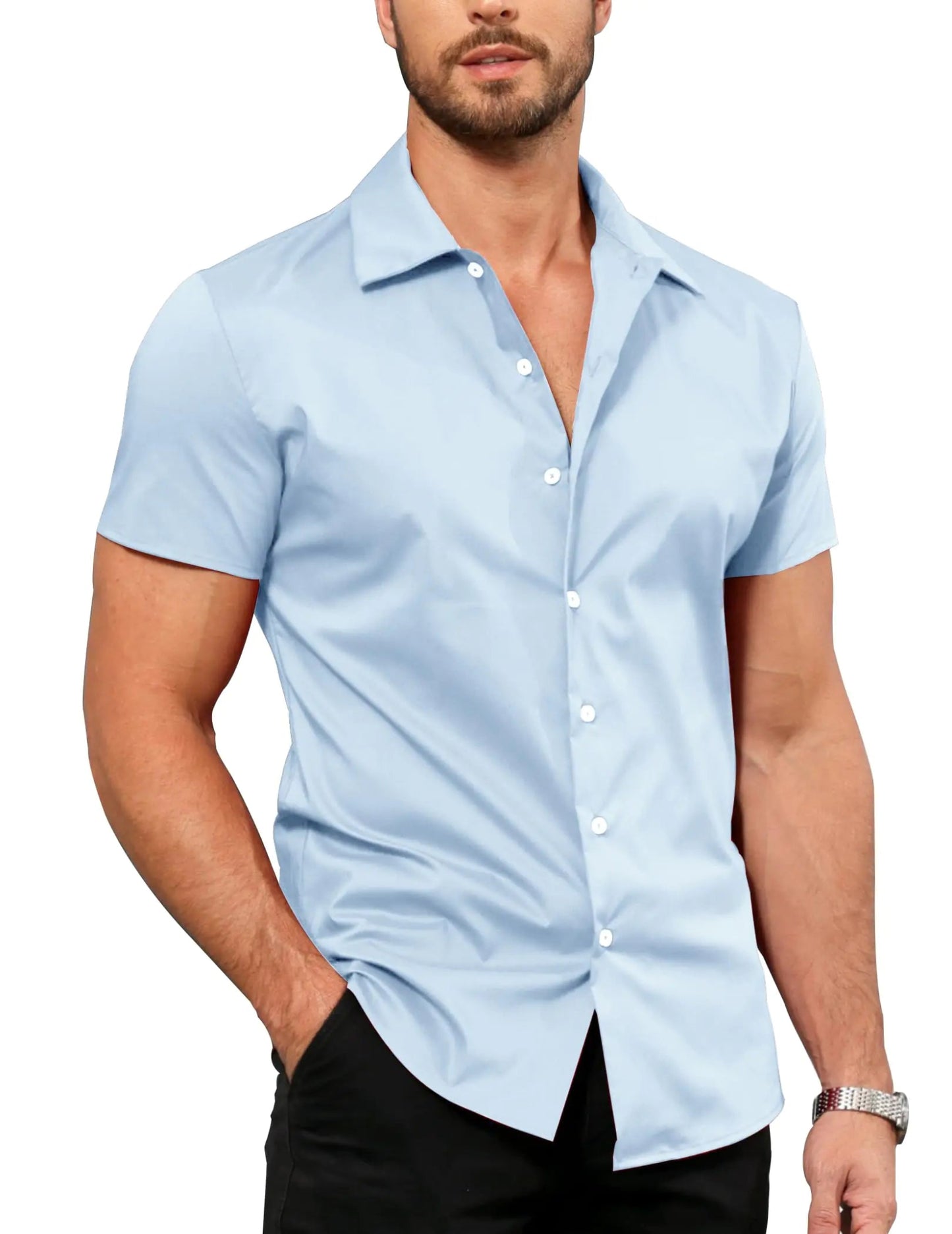 MAPICK Mens Muscle Fit Dress Shirts Short Sleeve Button Down Wrinkle Free Shirt Casual Athletic Stretch Slim Fit Summer Top(Light BlueLarge) - Dakdouksson