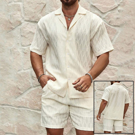 Men Tracksuits Summer Fashion Solid Loose Casual Two Pieces Lapel Button Shirt Shorts Beach Holiday All - match Outfits Male - Dakdouksson