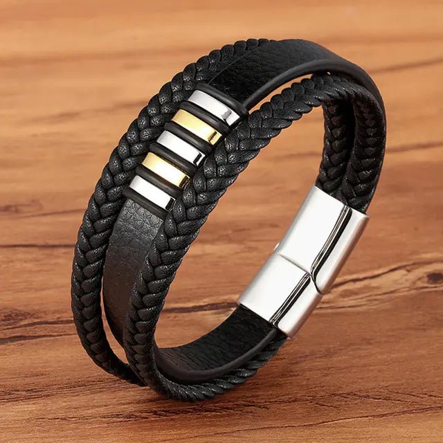 Men's Multi - Layer Braided Leather Bracelet in Stainless Steel - Dakdouksson