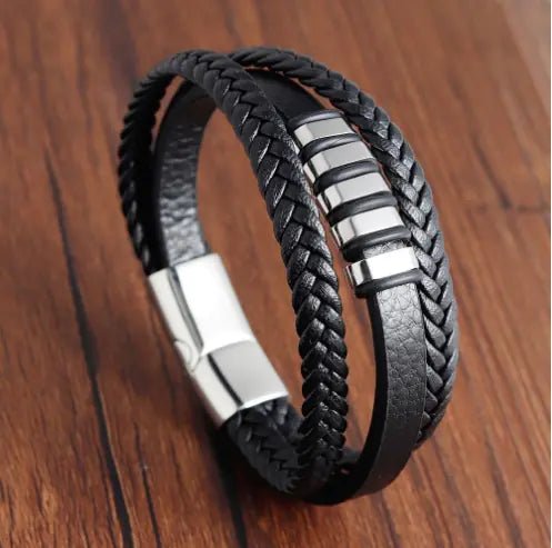 Men's Multi - Layer Braided Leather Bracelet in Stainless Steel - Dakdouksson