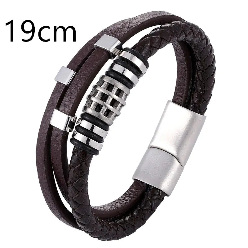 Men's Multi - Layer Leather Bracelet with Stainless Steel - Dakdouksson