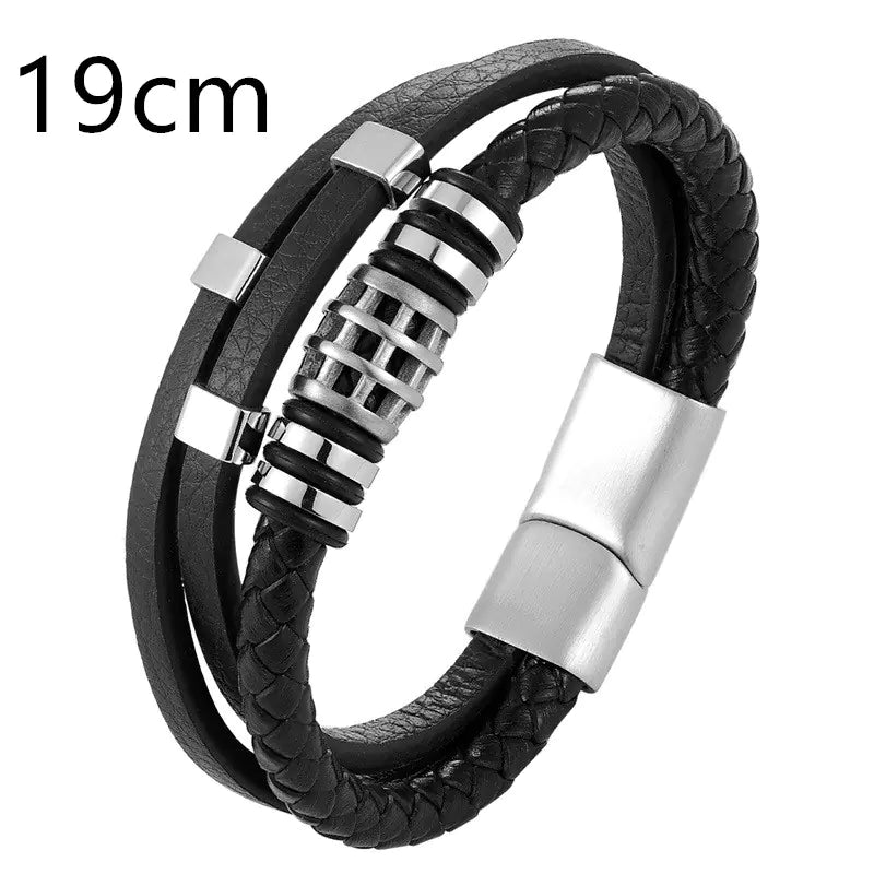 Men's Multi - Layer Leather Bracelet with Stainless Steel - Dakdouksson