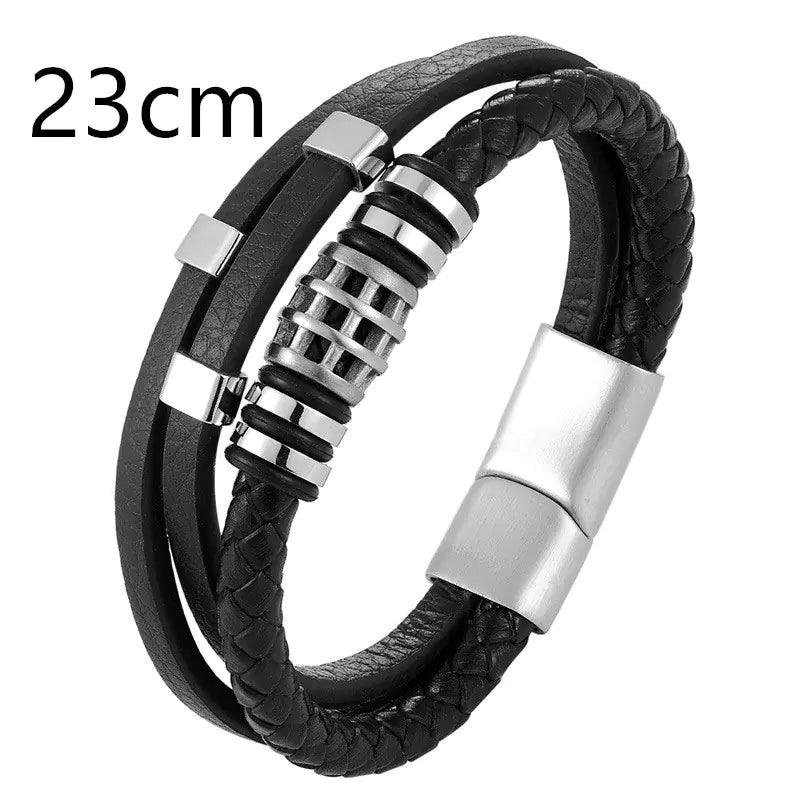Men's Multi - Layer Leather Bracelet with Stainless Steel - Dakdouksson