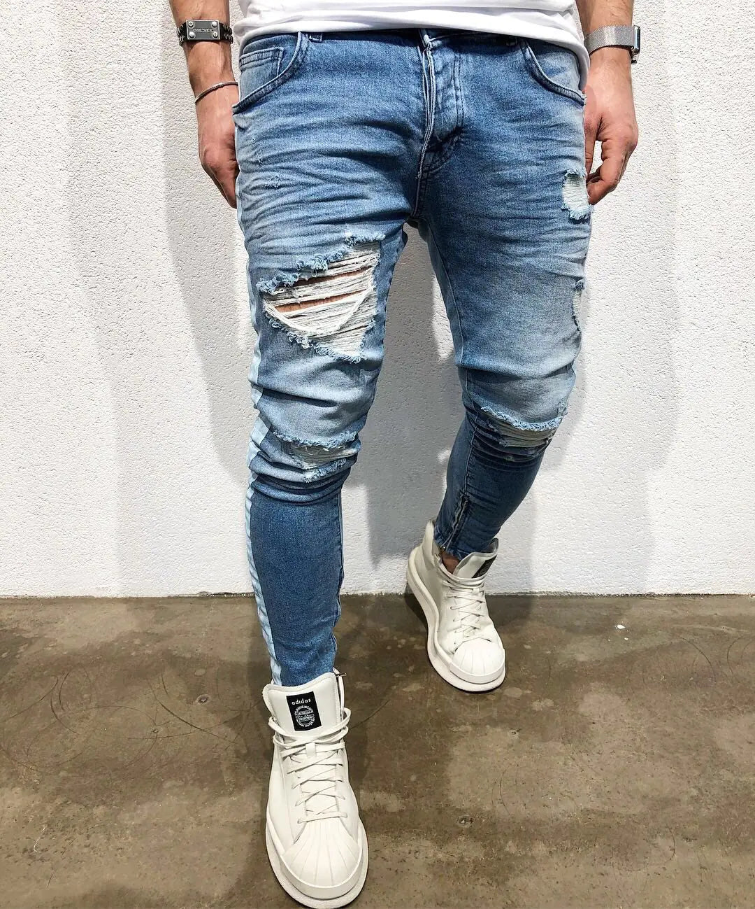 Men's Slim Fit Blue Distressed Denim Jeans - Dakdouksson