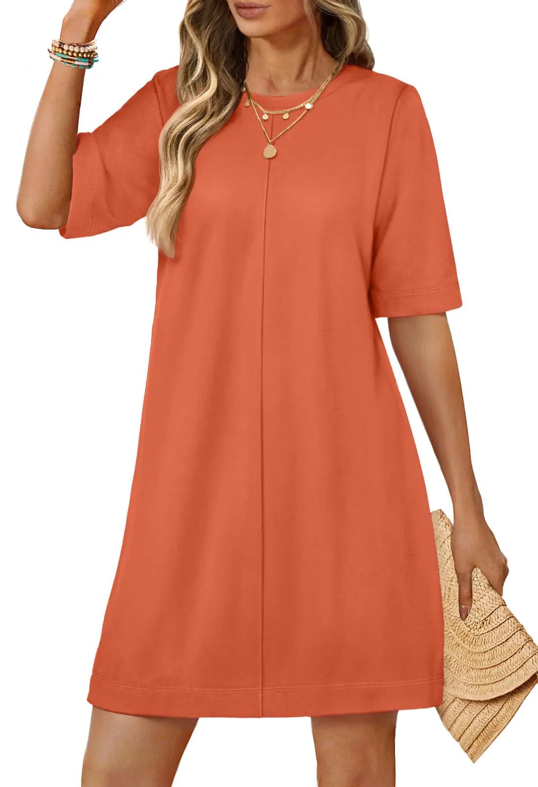 MEROKEETY Womens 2025 Summer Short Sleeve Dress Crewneck Casual Mini Tshirt Dresses with Pockets Brickred M - Dakdouksson