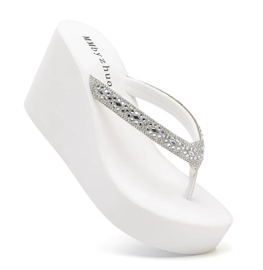 MMbyzhuo Rhinestone Womens Wedge Sandals for Women Platform Flip Flops Chunky wedge flip flops Heels Sandals Women Wedding Shoes White US 11 - Dakdouksson