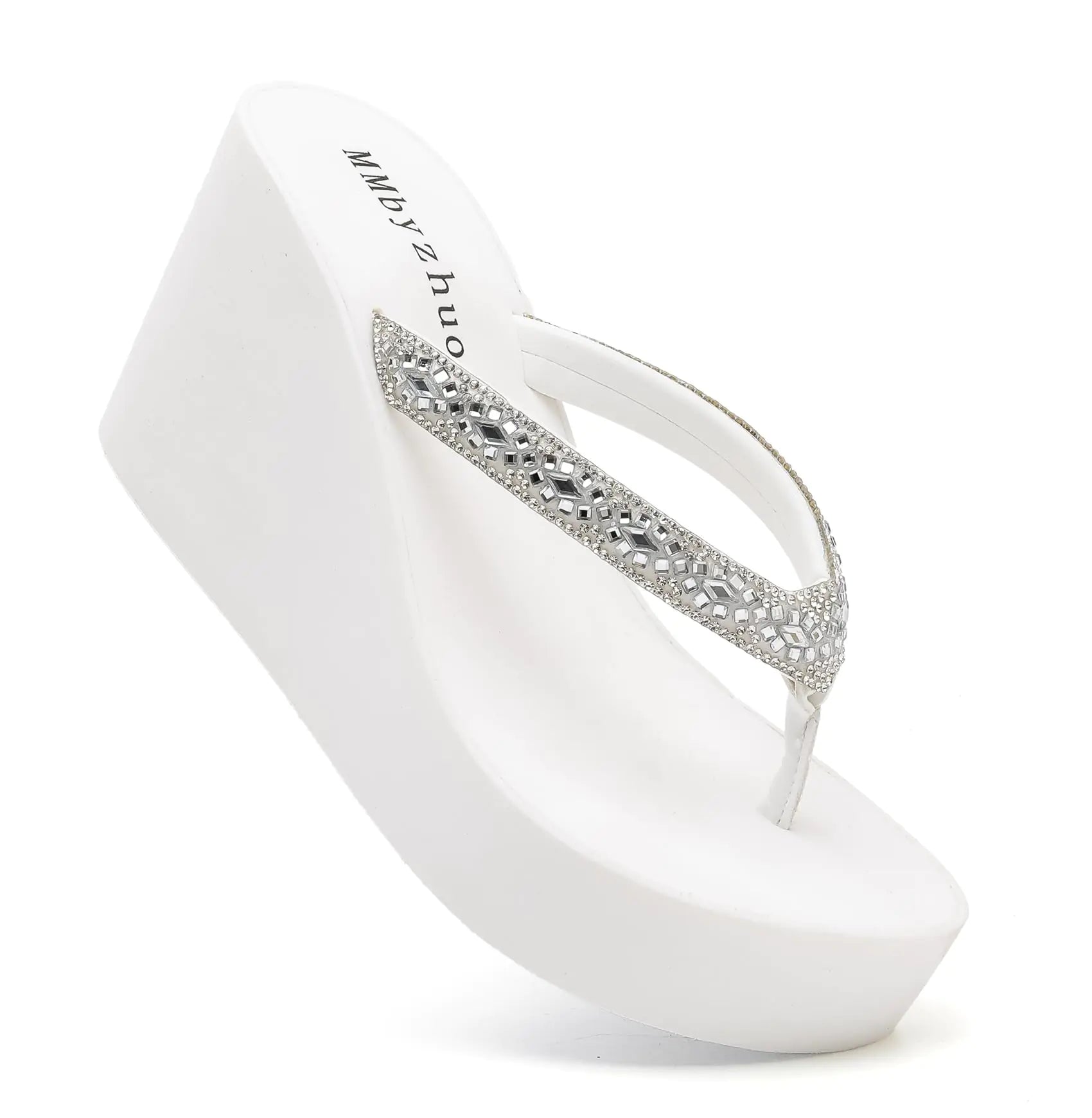 MMbyzhuo Rhinestone Womens Wedge Sandals for Women Platform Flip Flops Chunky wedge flip flops Heels Sandals Women Wedding Shoes White US 11 - Dakdouksson