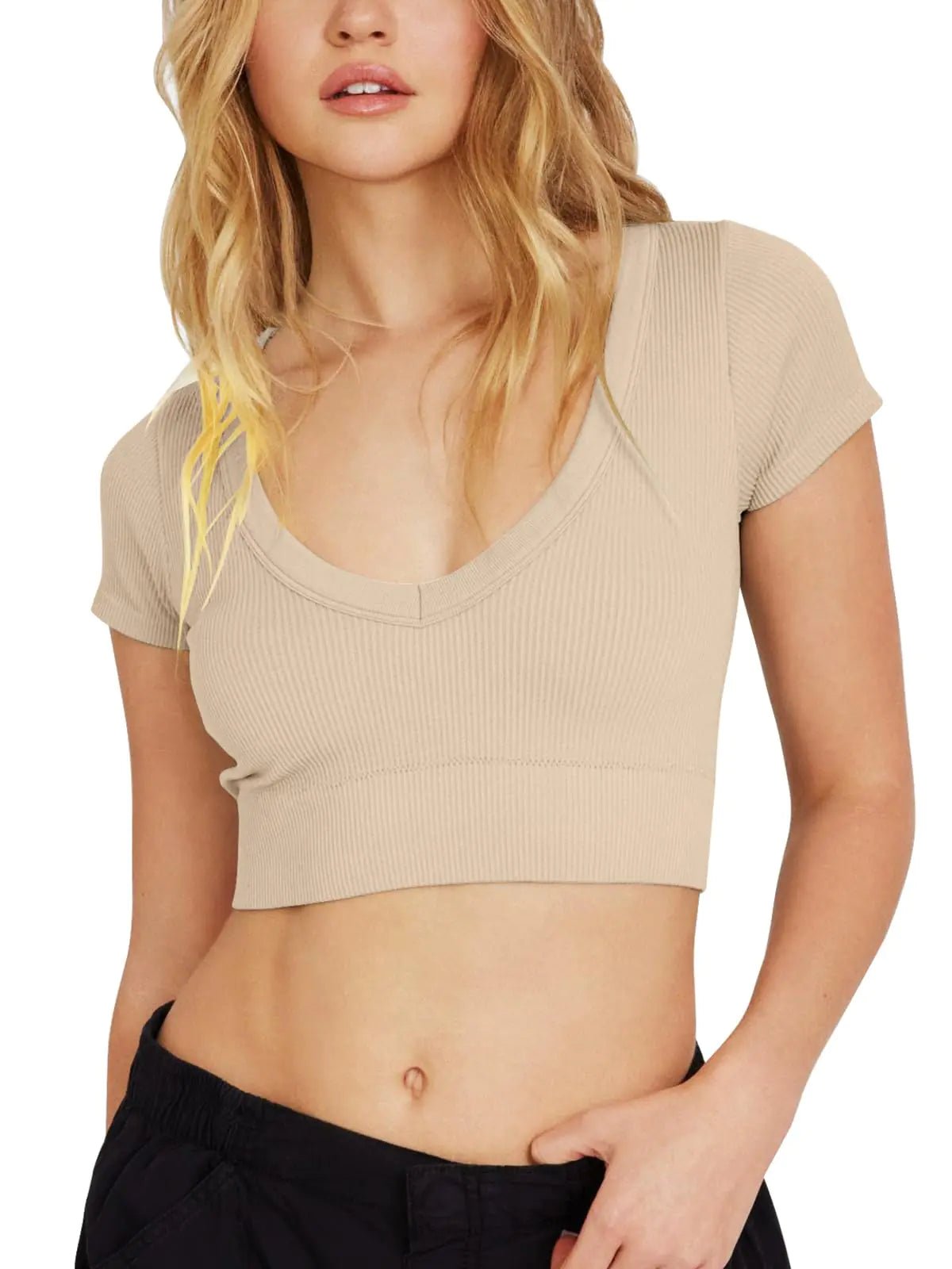 NODHUT Womens Cute Summer Crop Tops Y2k Short Sleeve V Neck T Shirts Sexy Slim Fitted Ribbed Knit Going Out Tops Apricot L - Dakdouksson