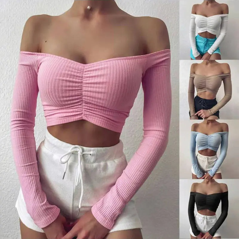 Sweet Solid Color Long Sleeve Off-Shoulder Top for Women