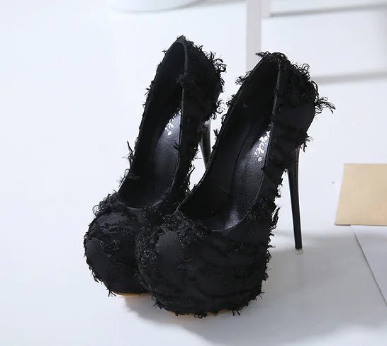 Open - Toe Heels, Fabric Heels, Frayed Heels for Nightclub - Dakdouksson