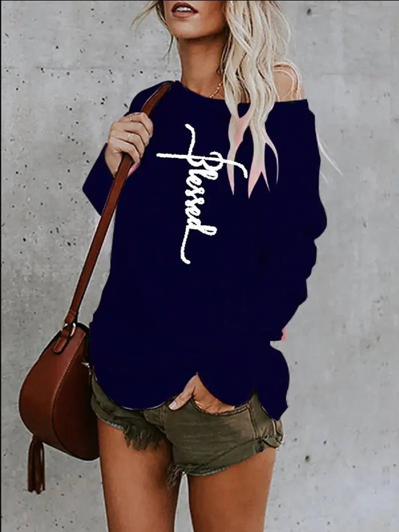 Printed Loose Off - the - Shoulder Round Neck T-shirt - Dakdouksson