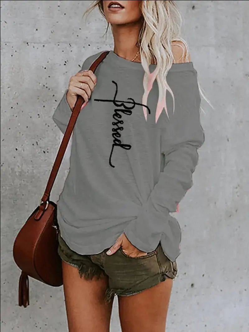 Printed Loose Off - the - Shoulder Round Neck T-shirt - Dakdouksson