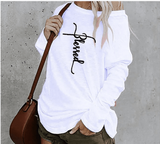 Printed Loose Off - the - Shoulder Round Neck T-shirt - Dakdouksson