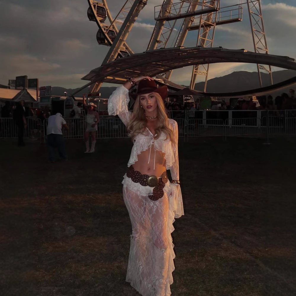 Ruffled Flared Sleeve Lace Navel Sexy Transparent Skirt - Dakdouksson