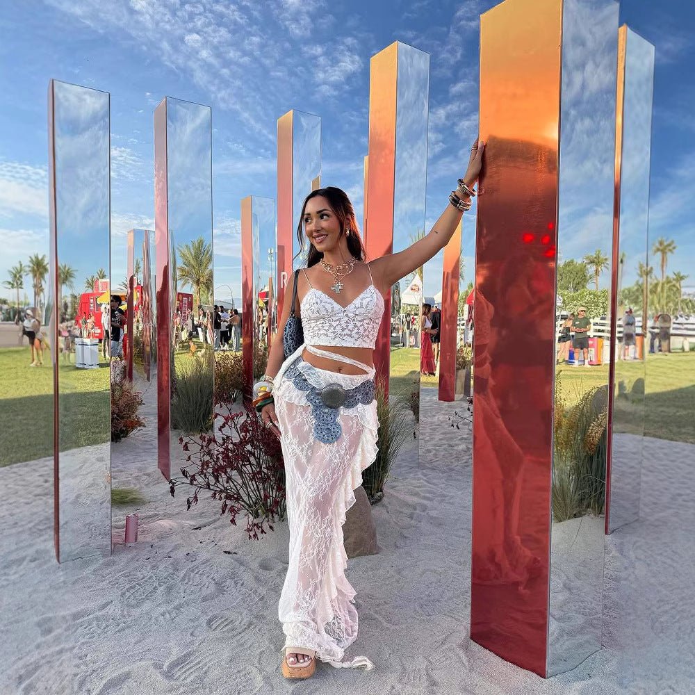 Ruffled Flared Sleeve Lace Navel Sexy Transparent Skirt - Dakdouksson