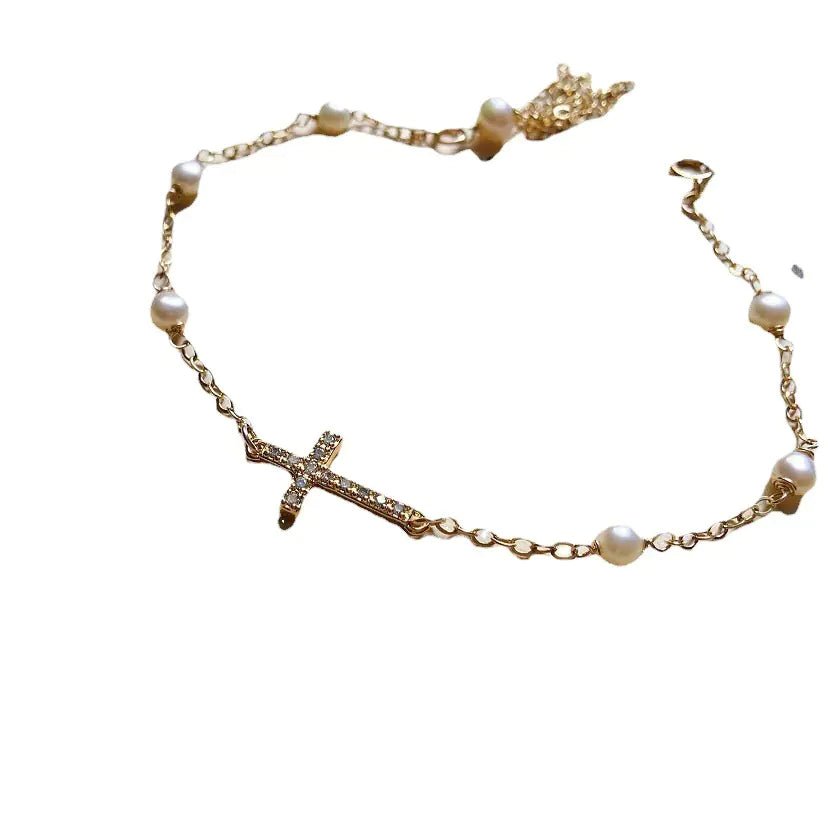 S925 Silver Plated Cross Pearl Bracelet for Women - Dakdouksson