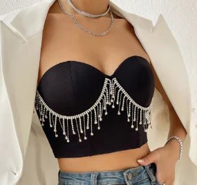 Sleeveless Off - Shoulder Corset Top with Rhinestone Fringe - Dakdouksson