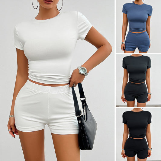 Solid Color Slim Sports Suit Summer 2Pcs Short - sleeved Round Neck T-shirt And Elastic Shorts Fashion Womens Clothing - Dakdouksson