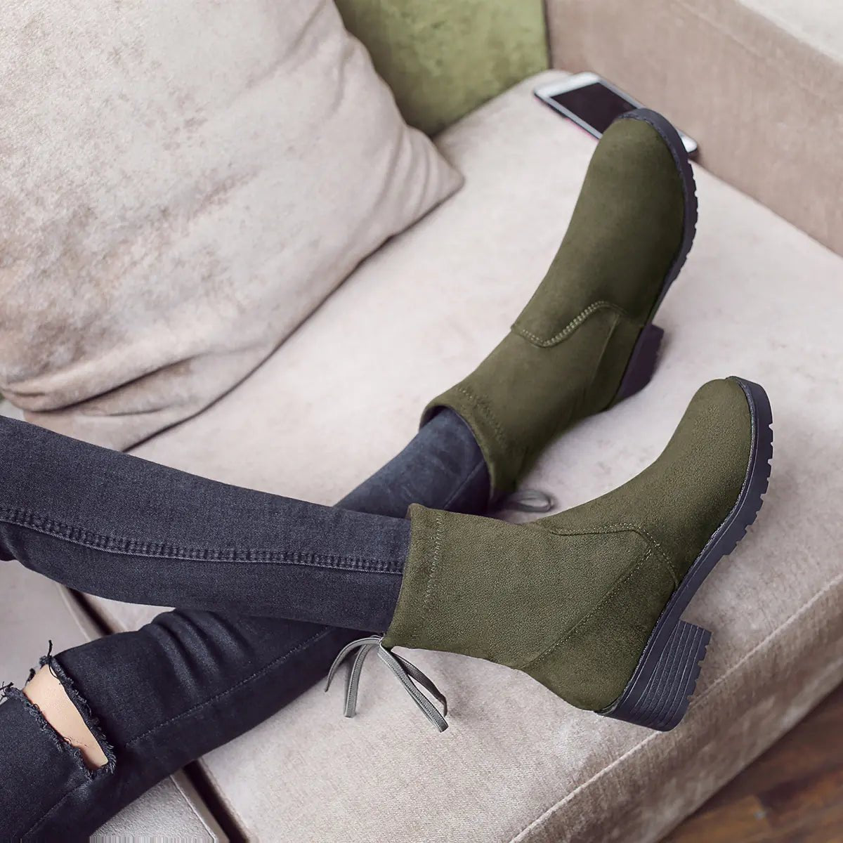 Suede Chunky Heel Slip - Resistant Mid - Calf Martin Boots - Dakdouksson