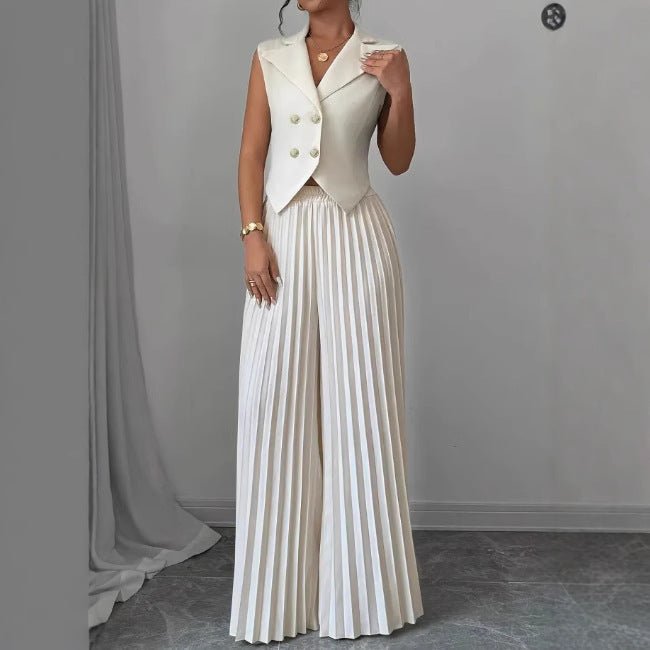 Summer Sleeveless Suit Fashion Lapel Button Vest Top And Pleated Straight Pants Women's Trousers Set Clothing - Dakdouksson