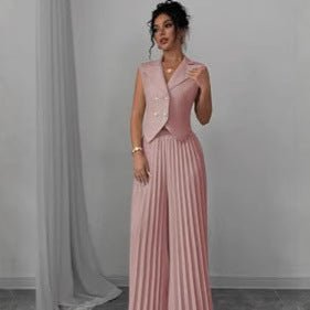 Summer Sleeveless Suit Fashion Lapel Button Vest Top And Pleated Straight Pants Women's Trousers Set Clothing - Dakdouksson