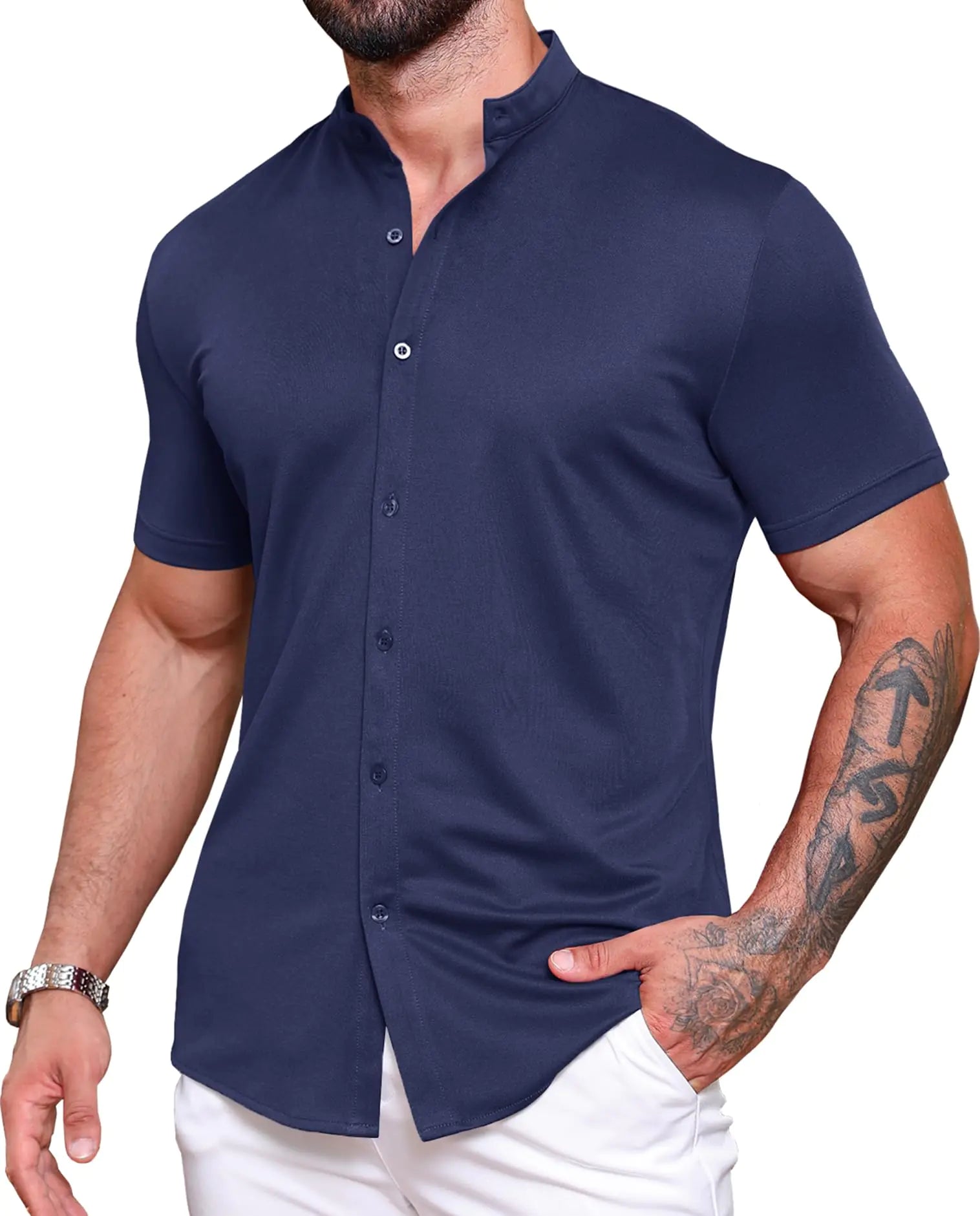 URRU Mens Muscle Dress Shirts Slim Fit Stretch Banded Collar Short Sleeve Wrinkle Free Casual Button Down Shirts Navy Blue XL - Dakdouksson