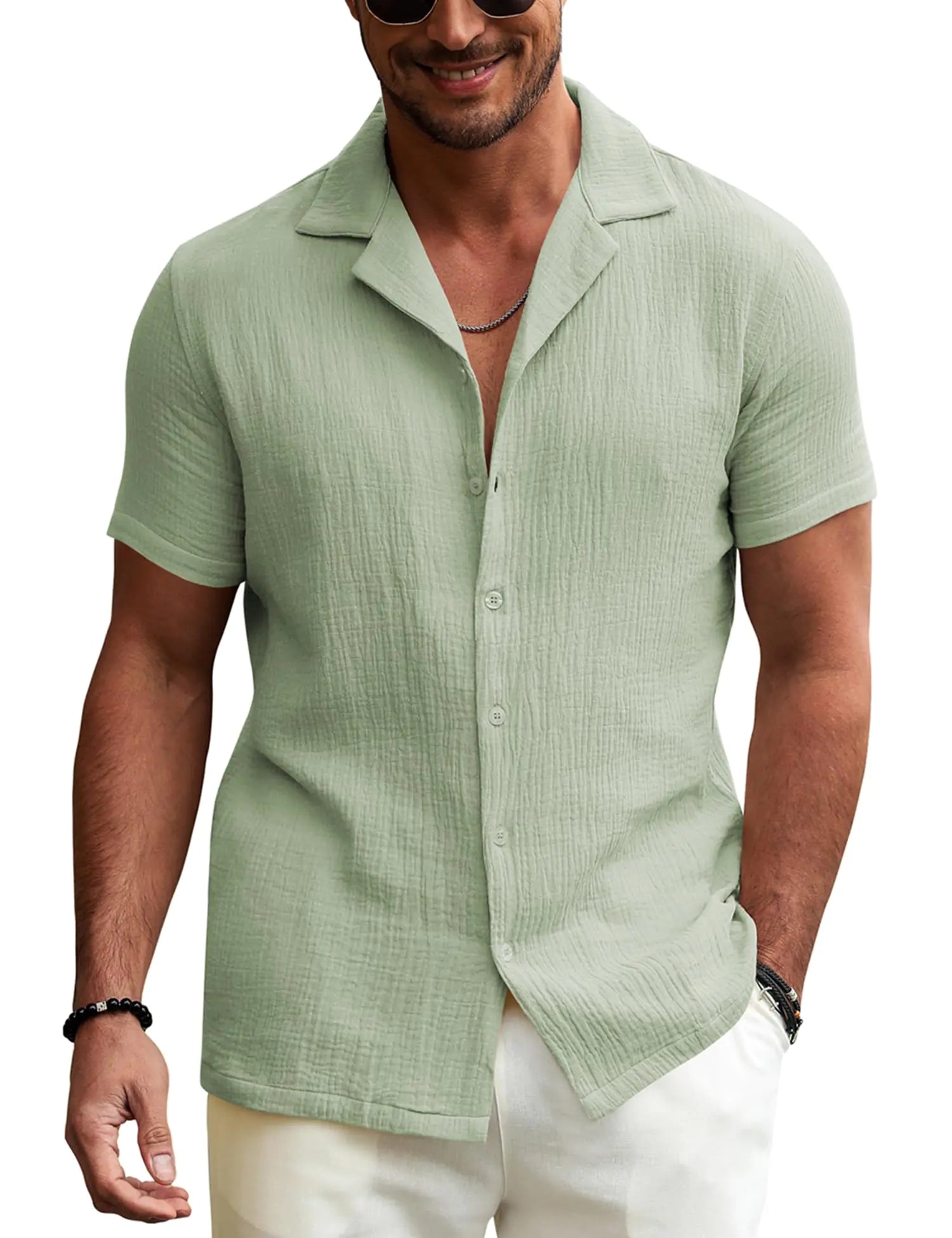 URRU Shirts for Men Casual Summer Button Up Shirts Green Beach Shirts Short Sleeve Cuban Hawaiian Shirts Big and Tall (Light Army Green XX - Large) - Dakdouksson