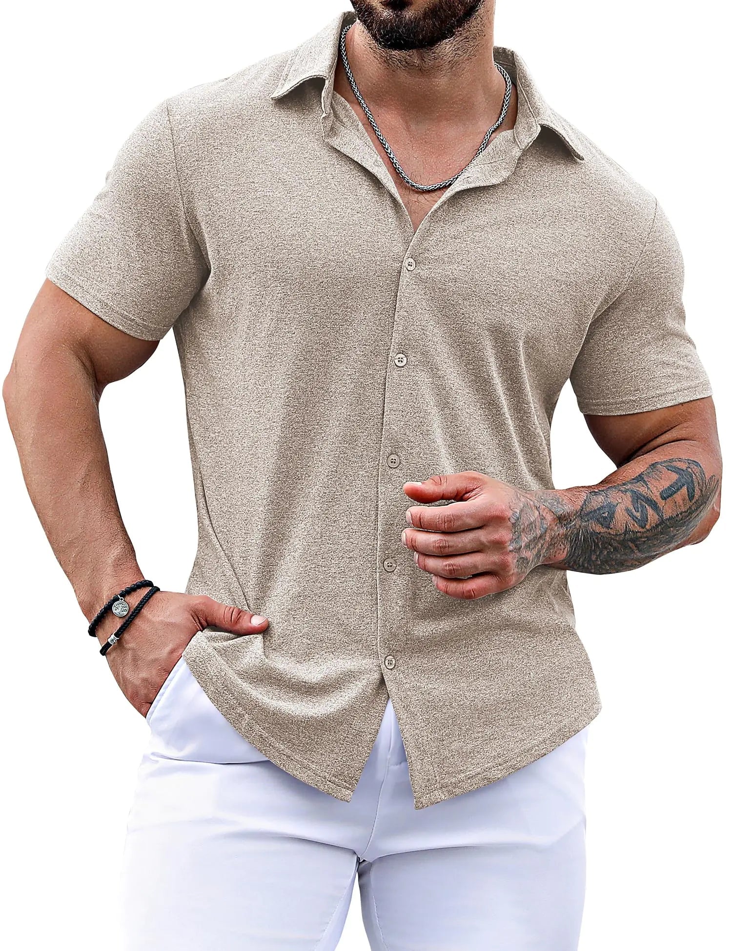 URRU Short Sleeve Button Down Muscle Shirts for Men Summer Wrinkle Free Business Dress Shirt Slim Fit (Khaki XX - Large) - Dakdouksson