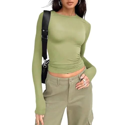 VELISDE Women Slim Fit Crop Tops Crewneck Skinny Shirt Long Sleeve Y2K Sexy Casual Basic Solid Color Going Out Tight Tee(GreenXL) - Dakdouksson
