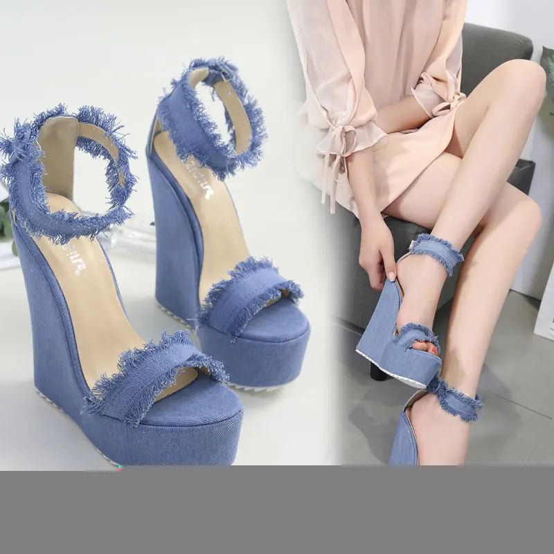 Wedge Denim Sandals with Frayed Edges and Buckle - Dakdouksson