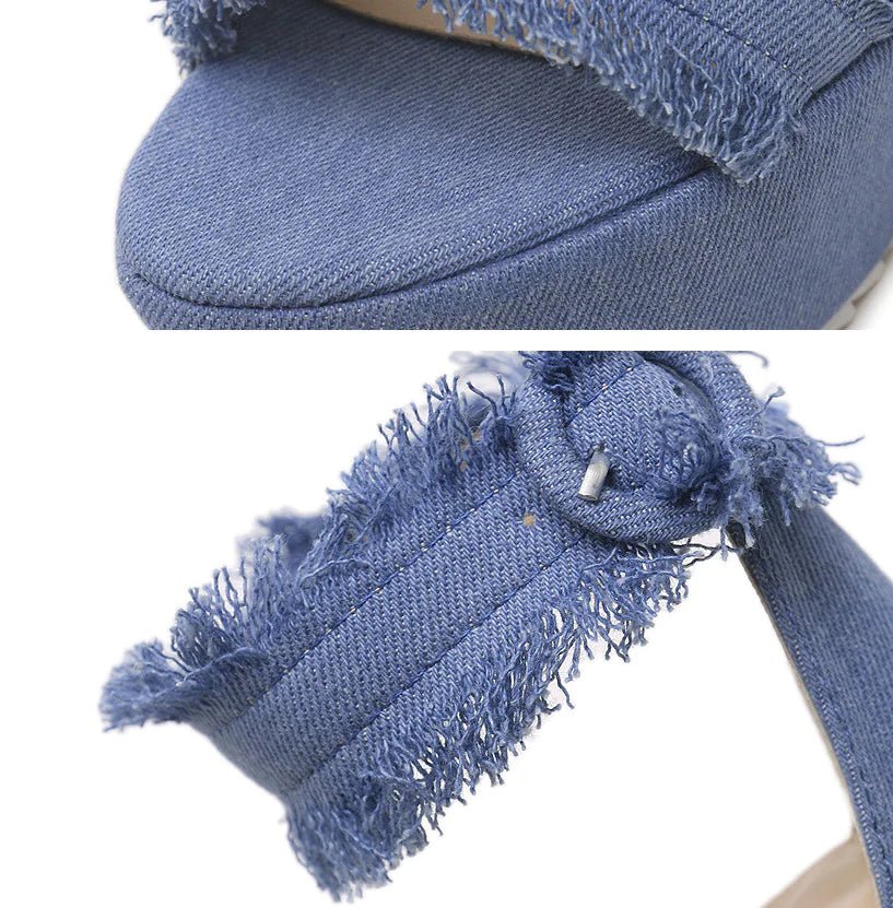 Wedge Denim Sandals with Frayed Edges and Buckle - Dakdouksson