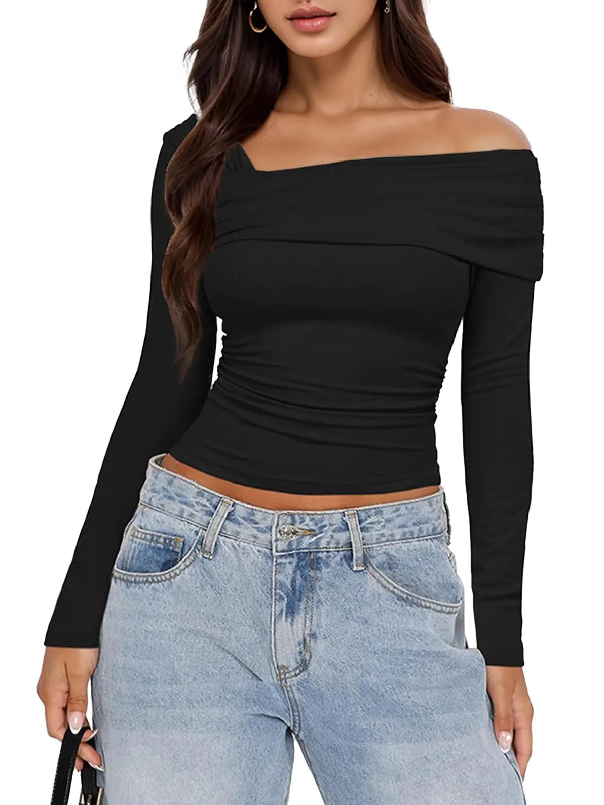 Womens Casual Long Sleeve Boat Neck Off Shoulder Slim fit Crop top Going Out Blouses Y2K Black S - Dakdouksson