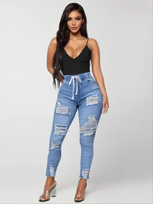 Women's Distressed Slim Fit Denim Jeans with Rips - Dakdouksson