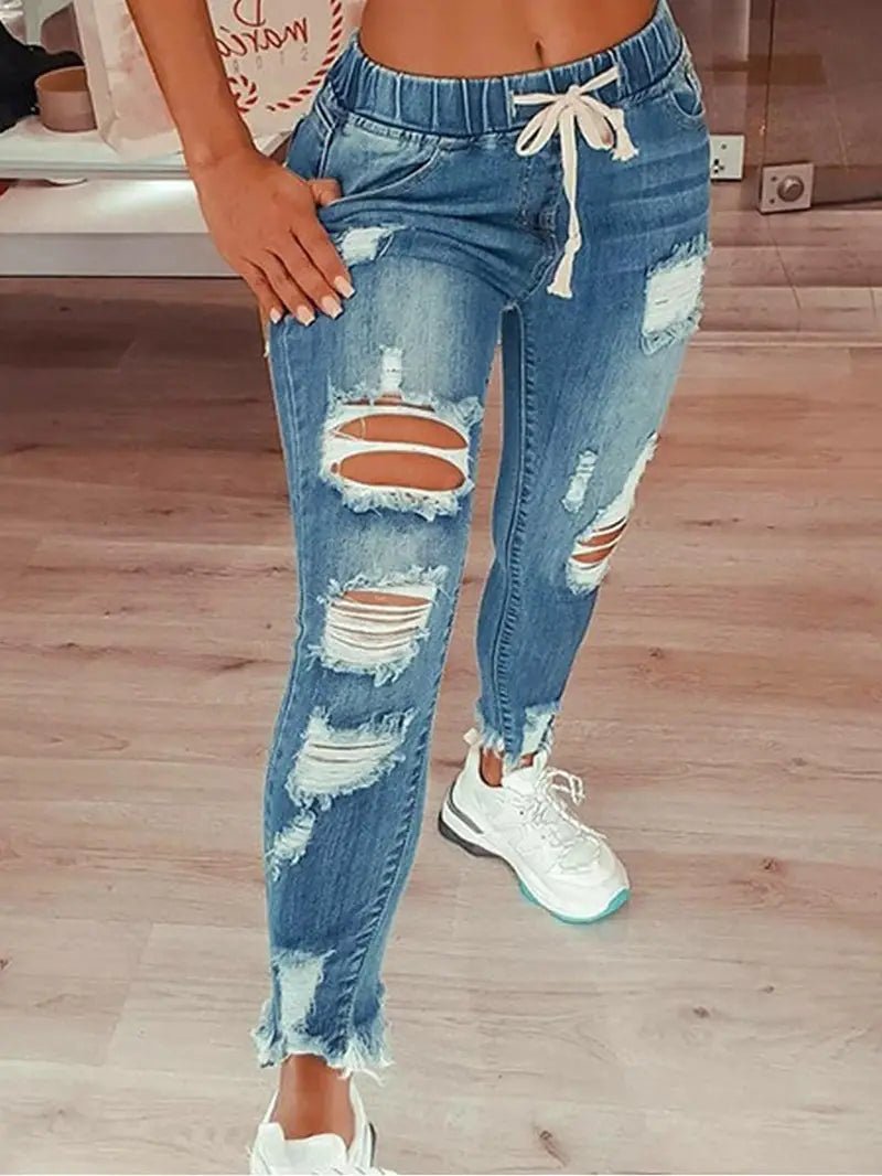 Women's Distressed Slim Fit Denim Jeans with Rips - Dakdouksson