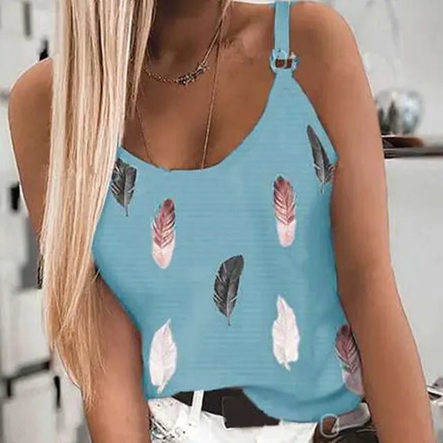 Women's Summer Feather Print Spaghetti Strap Tank Top - Dakdouksson