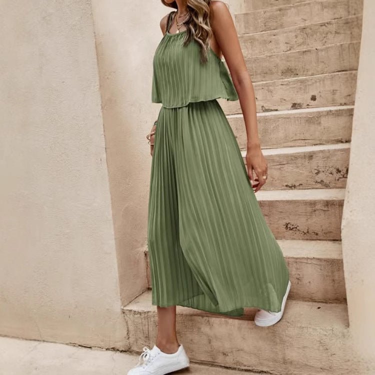 Women's Summer Solid Color Vacation Loose Suit Strap Backless Thin Romper Streetwear INS One - Piece Outfit Beach Style Striped Wide Leg Trousers Casual Suit - Dakdouksson