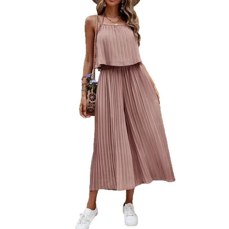 Women's Summer Solid Color Vacation Loose Suit Strap Backless Thin Romper Streetwear INS One - Piece Outfit Beach Style Striped Wide Leg Trousers Casual Suit - Dakdouksson