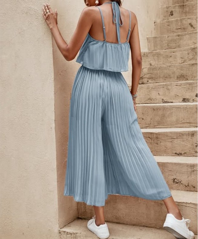 Women's Summer Solid Color Vacation Loose Suit Strap Backless Thin Romper Streetwear INS One - Piece Outfit Beach Style Striped Wide Leg Trousers Casual Suit - Dakdouksson