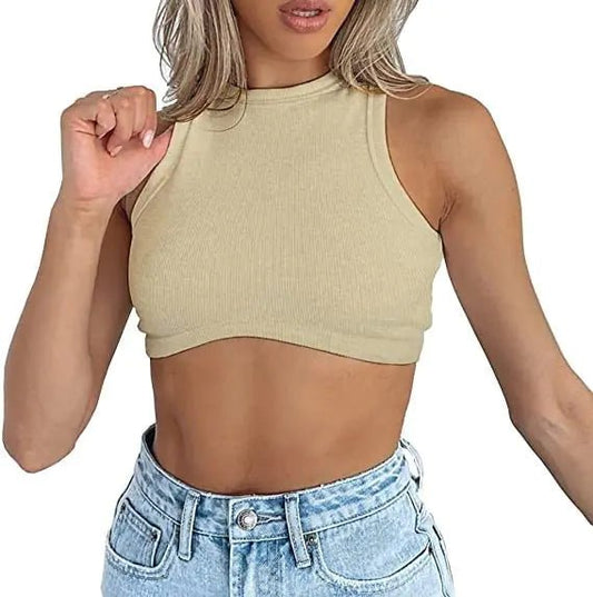Wsirmet Crop Tops for Women Sexy Sleeveless Crewneck Knit Ribbed Y2K Going Out Tops Basic Shirt Beige - Dakdouksson